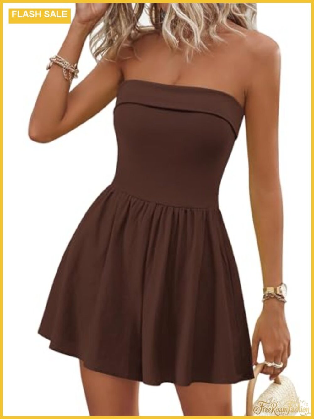 Women's Strapless Ribbed Romper with Pleated Skort, Sleeveless Summer Jumpsuit